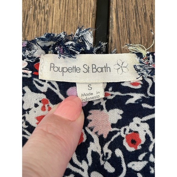 Poupette St Barth Navy Floral Romper Women’s S Frayed Hem Half Sleeve V Neck - Picture 4 of 13